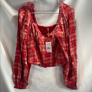 Free People Red and White Smocked Tie Front Blouse